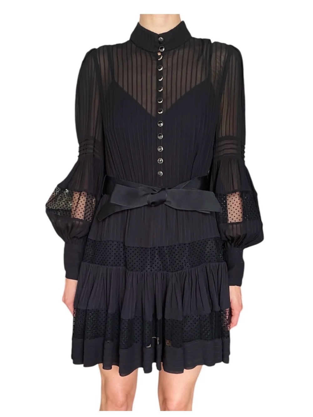 Zimmermann Black Sheer Panel Tie-Waist Mini Dress